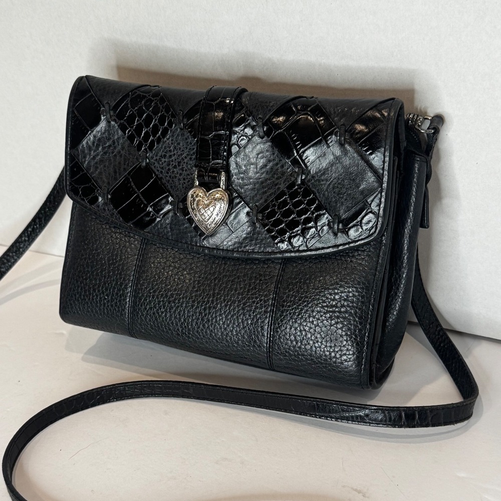 Brighton Black Leather‎ Crossbody Shoulder Bag Heart Lock Woven with Wallet - Picture 2 of 11